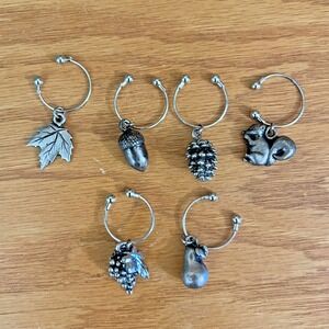 Solid Pewter Wine Glass Charms Set of 6 Heavy Fall Harvest Acorn Leaf Fruit Pear